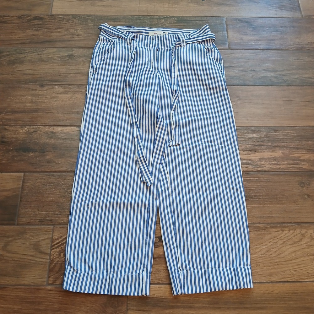 Vineyard Vines‎ Pants Womens 2 Blue White Striped Cropped Wide Leg Belted